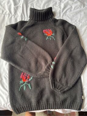 Brixton Black/Green Hue Turtleneck Sweater with Red & Green Floral Embroidery